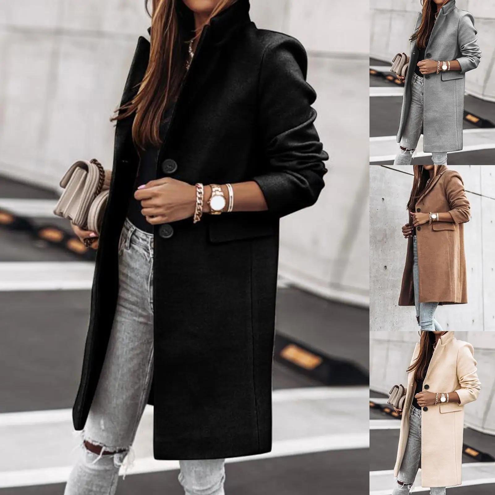 2020 Autumn Three-Quarter Sleeve Two Buttons Lapel Pocket Woolen Coat Women's Med-Length Black Winter Plush Warm Overcoat