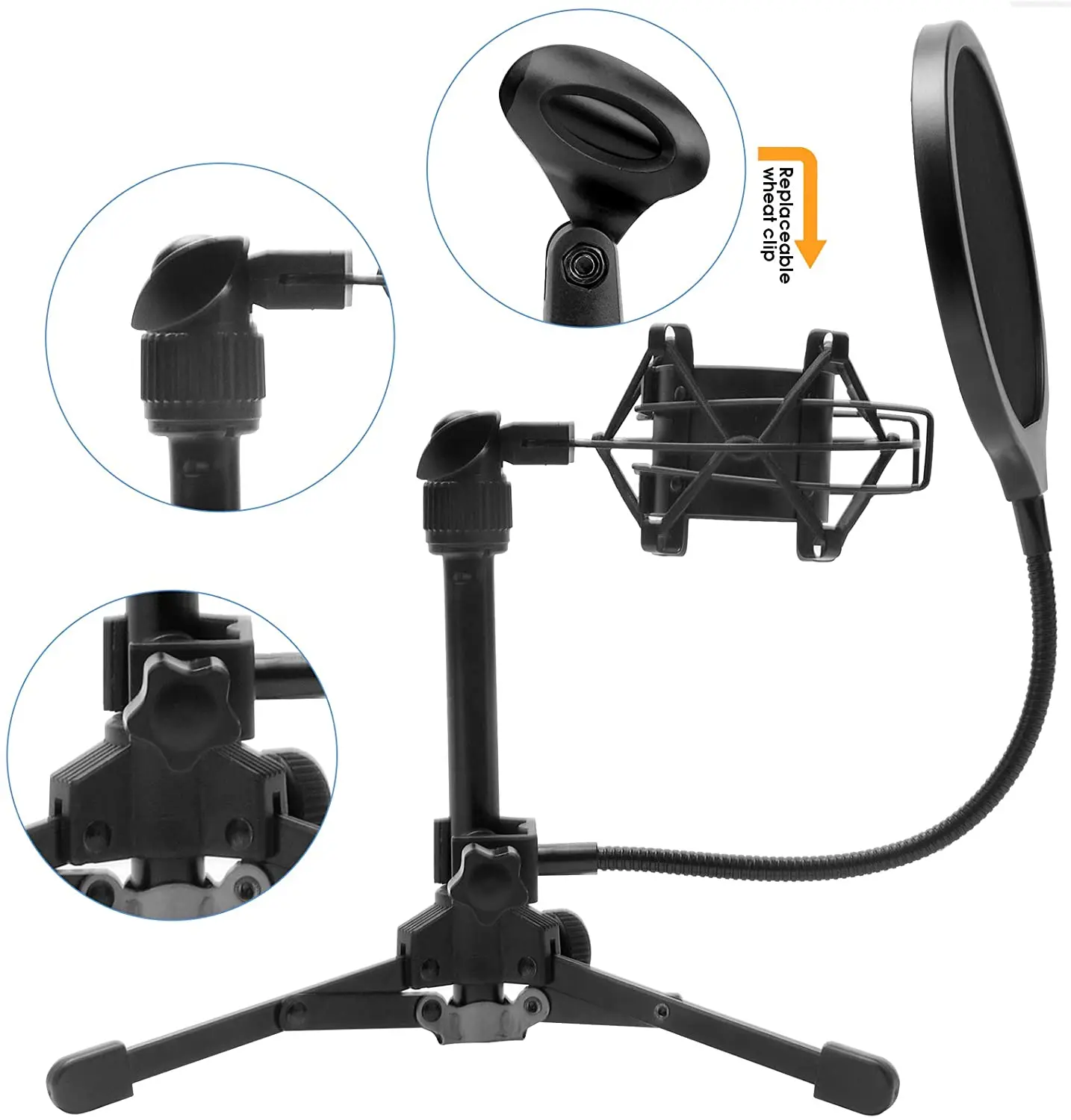 Foldable Tripod Desktop Microphone Stand Holder with Small Plastic Microphone Clip for Podcasts, Online Chat, Lectures,meetings,