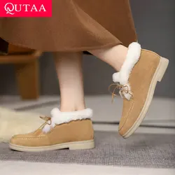 QUTAA 2022 Plush Winter Snow Boots Flat Heel Cow Suede Lace Up Ankle Boots Casual Round Toe Keep Warm Women Shoes Big Size 35-41