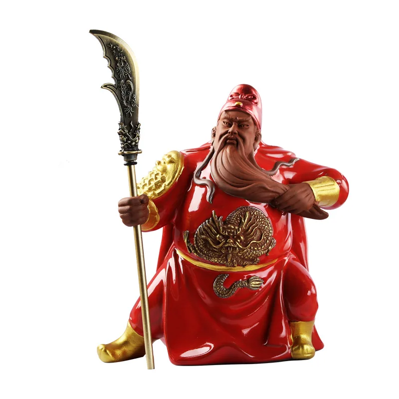 Ceramic Guan Gong Lucky Statue， God of War Guan Character hand-painted Sculpture ，Home living room loft decoration statue