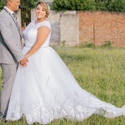 Customized Plus Size Wedding Dress Scoop Cap Sleeve Lace Wedding Dresses Bridal Gowns A-line Tulle Beading Belt Robe De Mariage