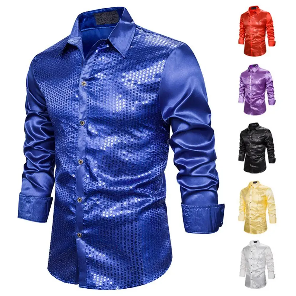 Men  Shiny Sequins Shirt Long Sleeve Solid Color Turn Down Collar  Party Stage Costume Top