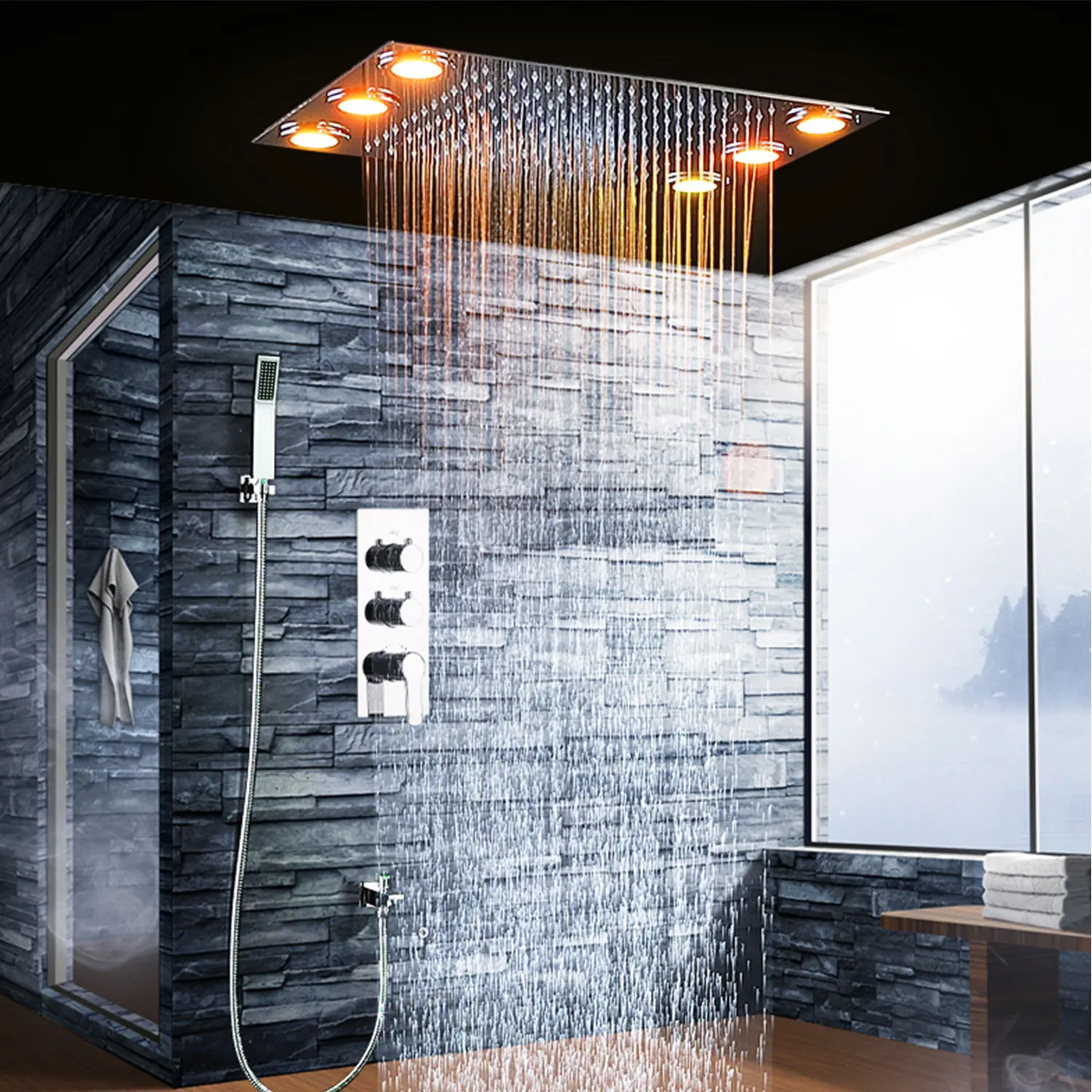 Bathroom Accessories LED Shower Head Panel Set 20X14inch 50x36cm Rainfall Spout Hot And Cold Mixer Faucet Tap System