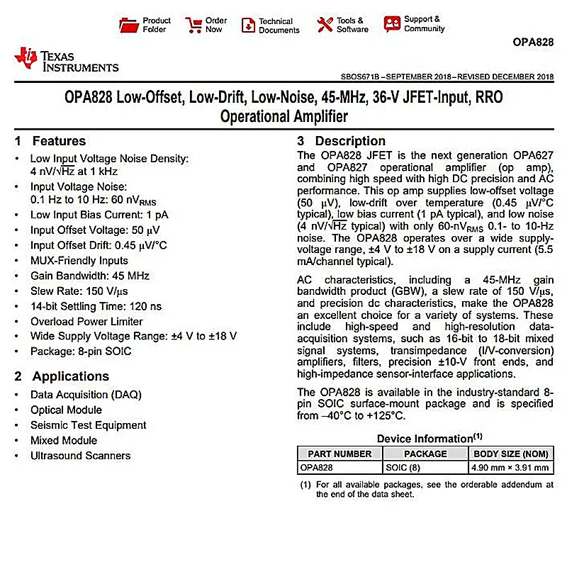 OPA828*2 Dual channel op amp Low-Offset Low-Drift Low-NoiseJFET-Input Operational Amplifier Replace 5532 opa2604 opa1612