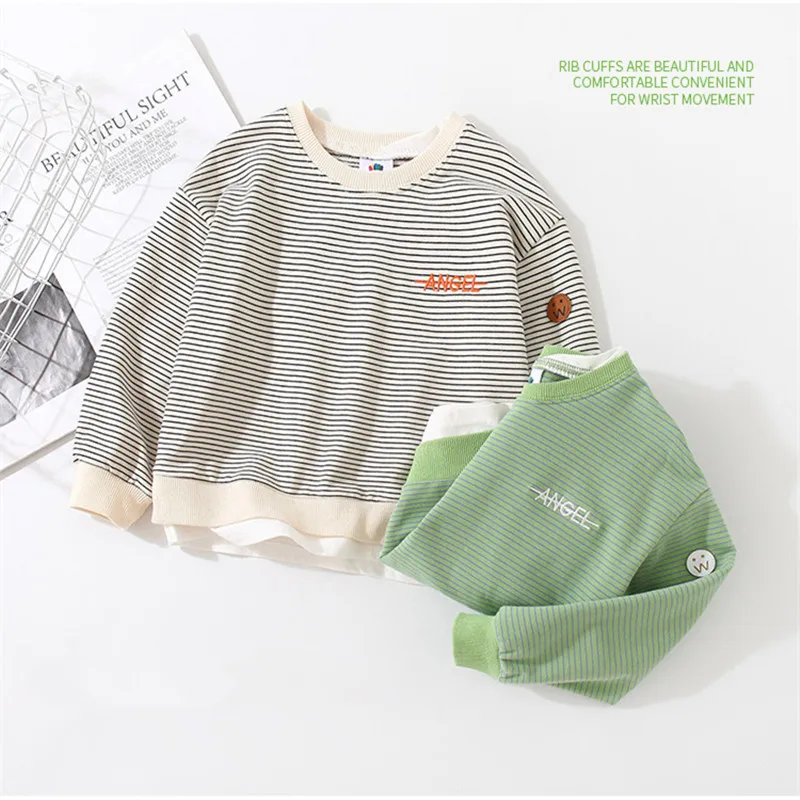 2024 Spring Autumn 2 3 4 6 8 9 10 Years Children Long Sleeve Striped Print Patchwork Pullover Kids Baby Boy Basic Sweatshirt