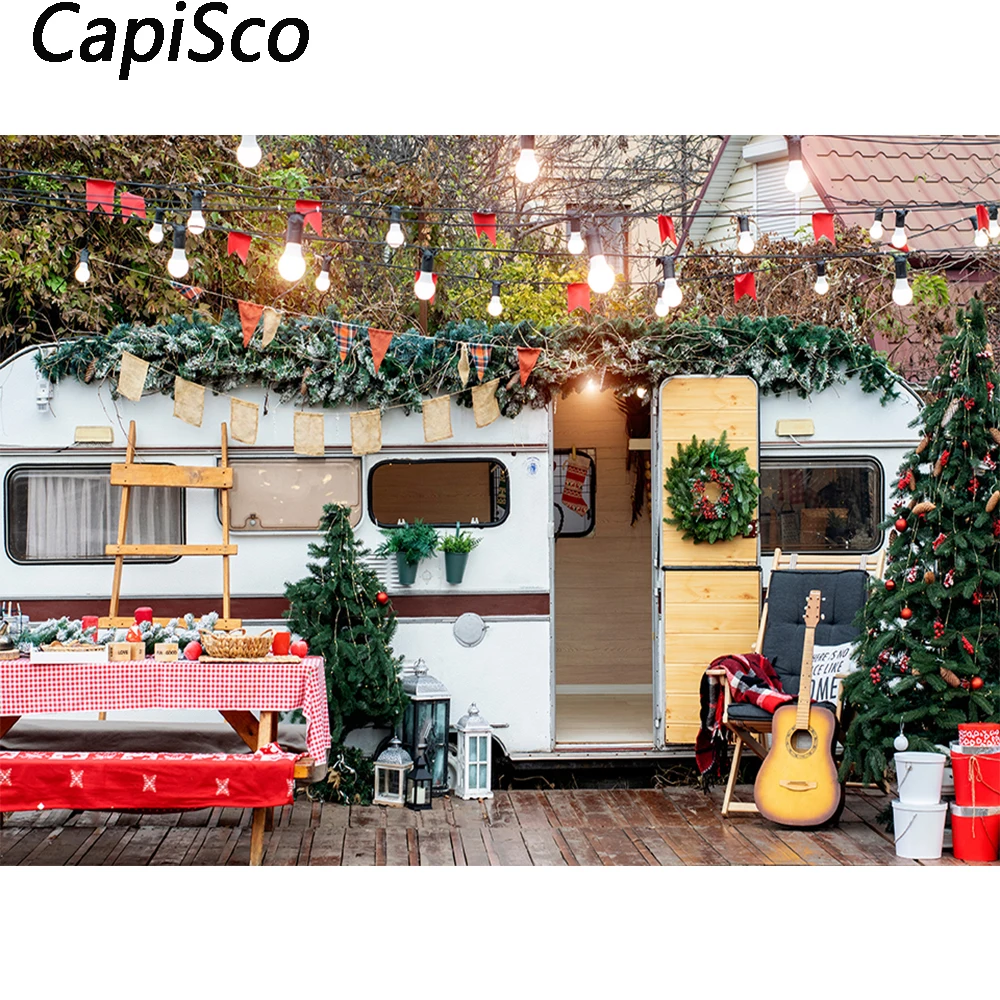 Capisco Latar Belakang Fotografi Natal Dekorasi RV Berkemah Kepingan Salju Musim Dingin Properti Foto Pesta Keluarga Latar Belakang Stan Studio