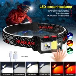 Adjustable white/red/green/blue LED sensor headlamp XPG+COB+RGB USB rechargable outdoor camping headlight with magnet hook