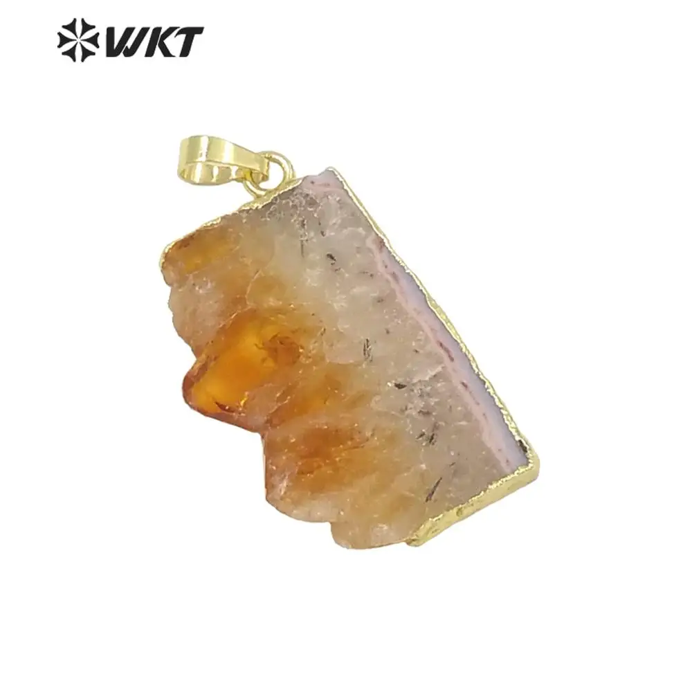 WT-P969 Wholesale Natural slice yellow crystal stone pendant,gold color  stone pendant for women