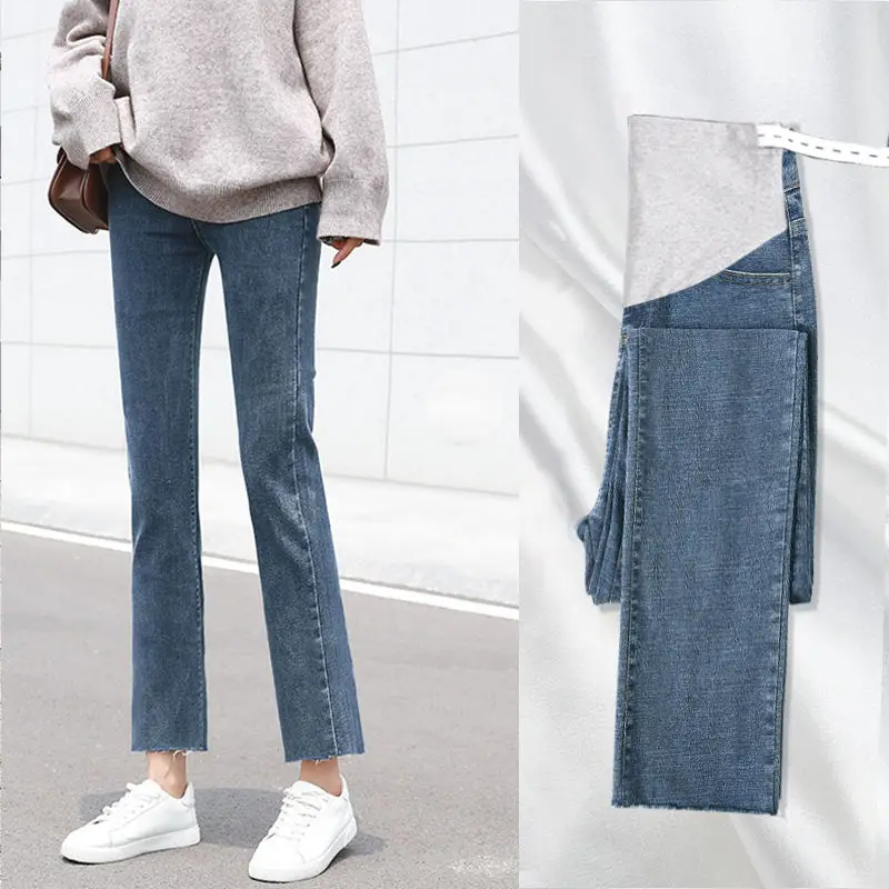 

Washed Denim Maternity Ninth Pants Jeans Straight Loose Cotton Elastic Belly Pants For Pregnant Women Pregnancy Summer Autumn