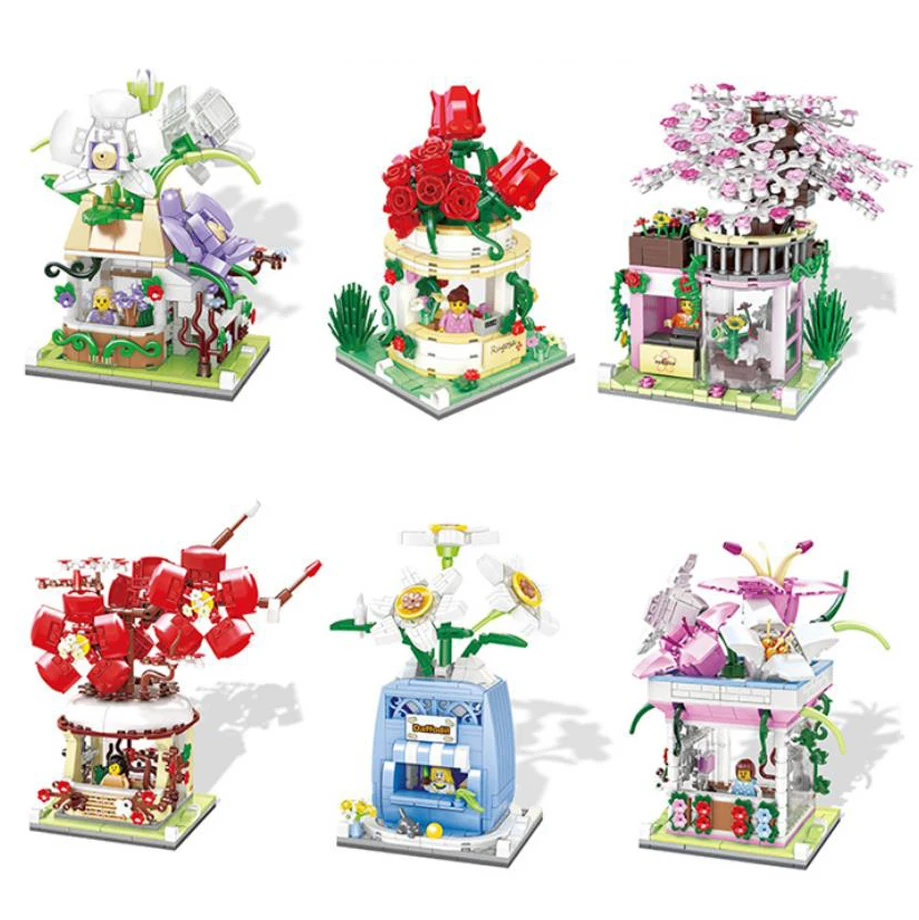 

Fairy Tale Mini Block Flower Shop Street View Building Brick Toy Rose Orchid Plum Cherry Blossoms Narcissus Lily House For Girls