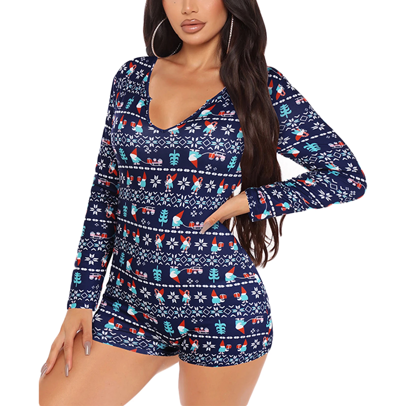 Christmas Printed Romper Slim-fit Long Sleeve V-neck Soft Sleepwear Playsuit Women\'s Clothes Red Blue