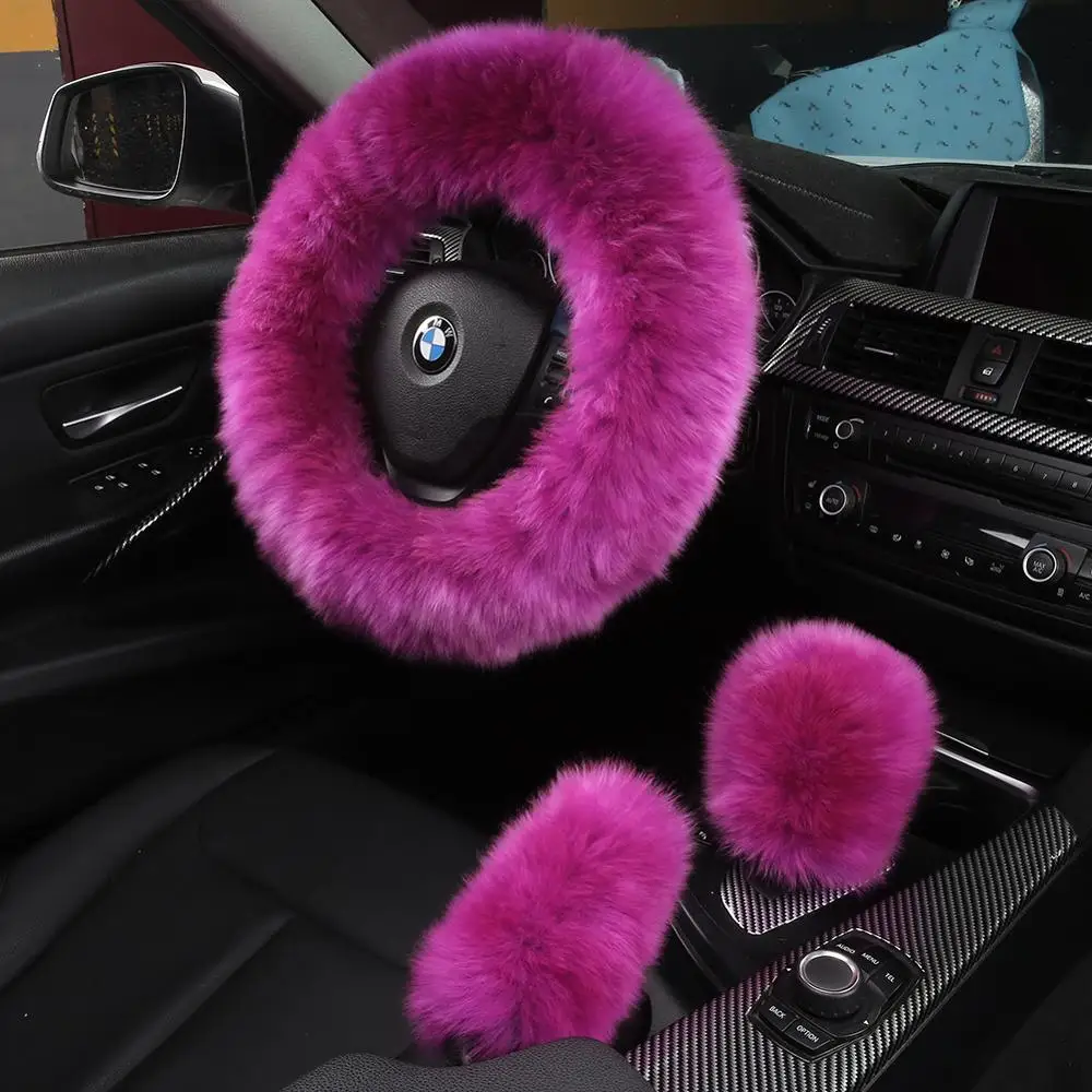 3Pcs Set Winter Fashion Wool Fur Soft Furry Steering Wheel Covers Pink Fluffy Handbrake Cover Gear Shift Cover Fuzzy Warm