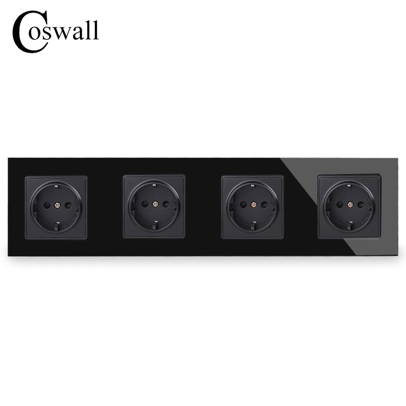 Imagem -03 - Coswall Parede Painel de Vidro Temperado Gang Tomada Aterrada ue Tomada Quádrupla com Crianças Porta Proteção Branco Preto Cinza Ouro