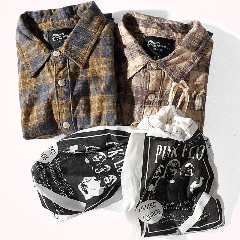 Autumn American Retro Tooling Plaid Shirt Men\'s Fashion Frosted Flannel Pure Cotton Washed Old Pocket Long Sleeve Casual Blouses