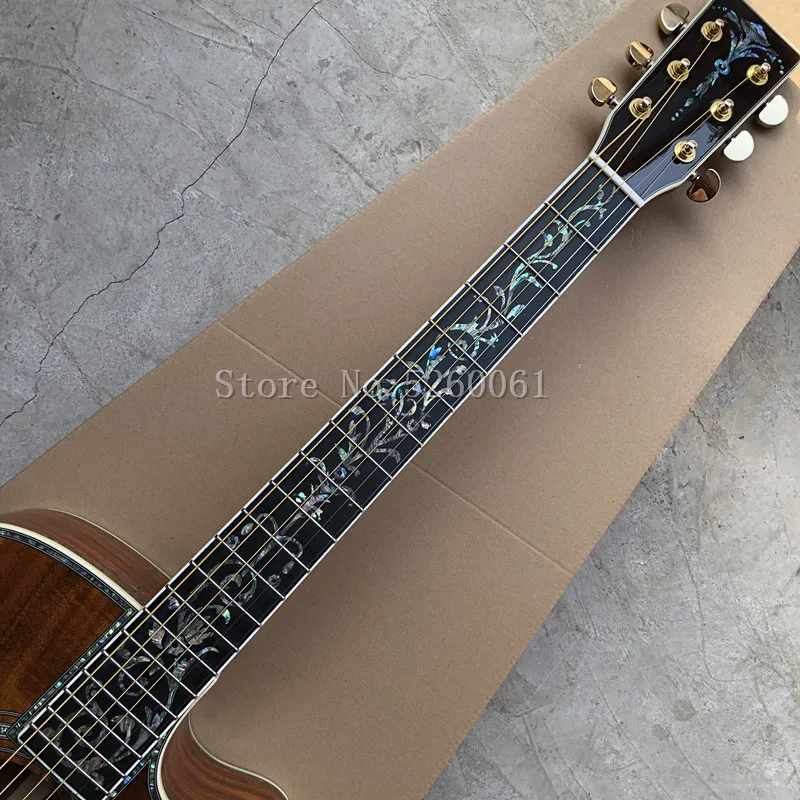 Custom 41 inch KOA wood acoustic guitar, ebony fingerboard real abalone shell inlaid electric guitar，