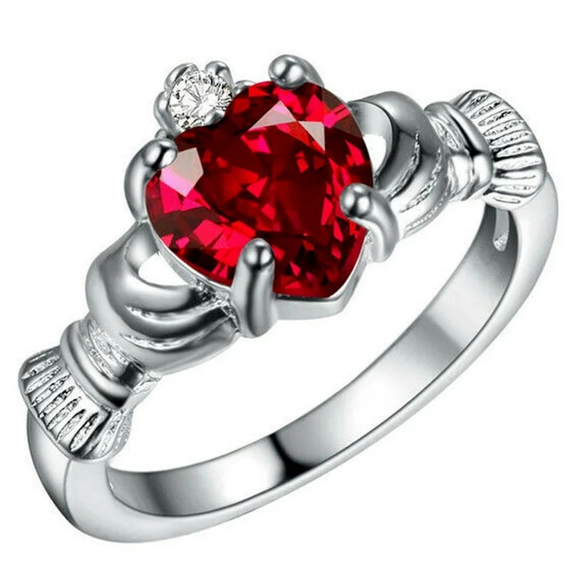 Women Silver Color Zircon Crown Wedding Engagement Claddagh Ring Size 6-10