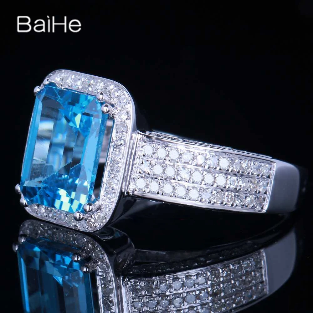 BAIHE Solid 14K White Gold Blue Topaz rings for women men Trendy Engagement Party Prom Fine Jewelry anillos mujer кольца кольцo