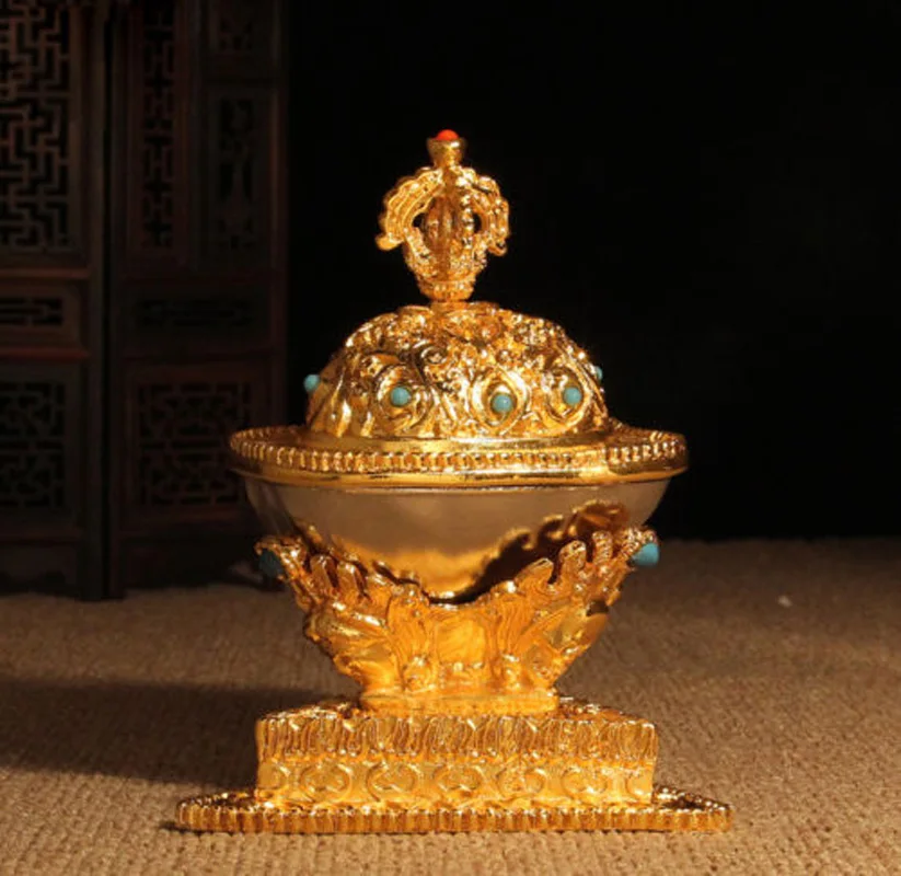 TIBETAN TANRA BUDDHISM ALTAR MUST BLESSED 6.5X10CM GOLD GILT Gabbra KAPALA