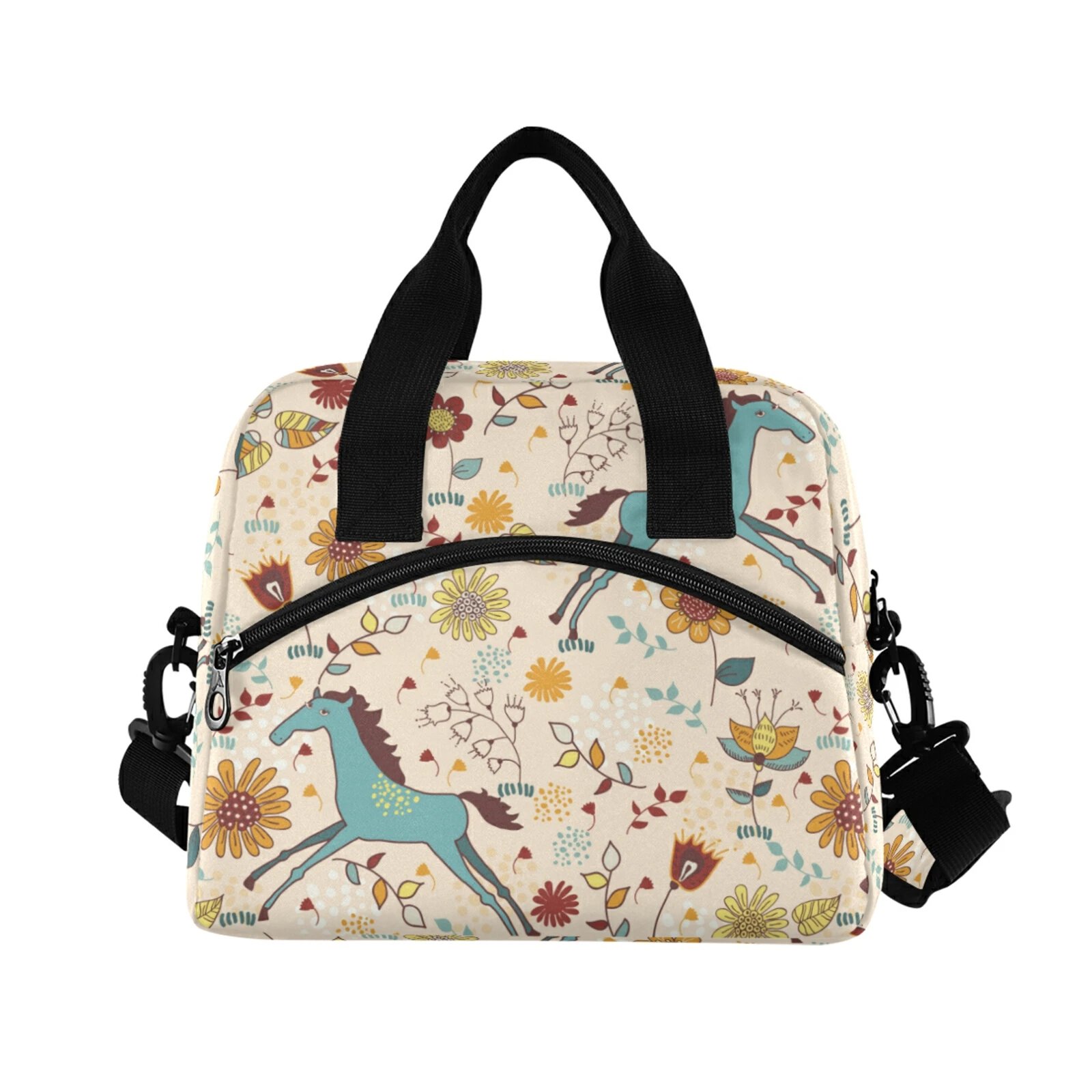 High-Capacity Food Thermal Lunch Box Bag Durable Horse Print Office Cooler Lunchbox Organizer School Insulated Case With Strap