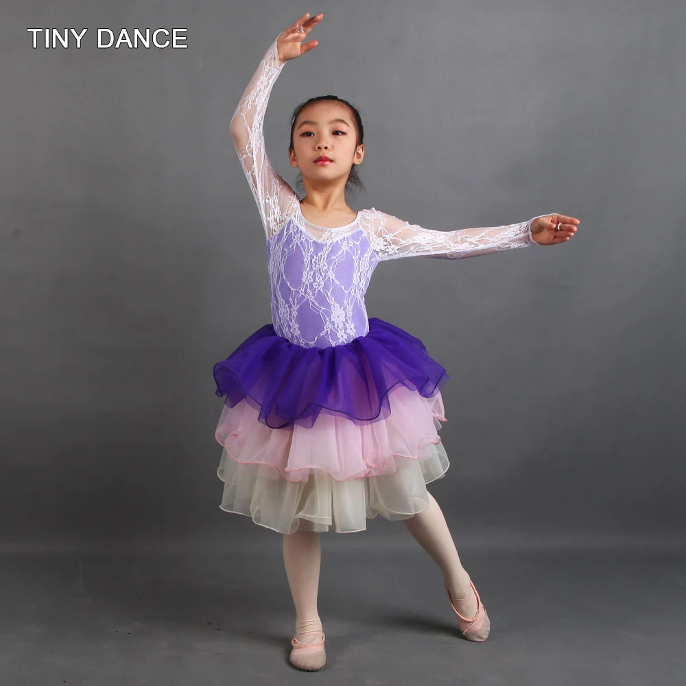 

Ballet Dress Lyrical & Contemporary Dance Costume White Lace over Lavender Spandex Leotard with attached Multicolored Tutu 20052