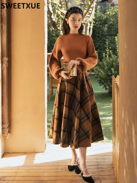 SWEETXUE Elegant Vintage Two Piece Sets Women s 2021 Stand Collar Lantern Sleeve Knitted Sweater Top Plaid Woolen Skirt Outfit AliExpress