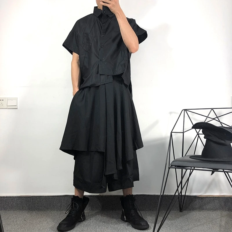 

Men's Seven-Point Culottes Autumn New Solid Color Elastic Waist Design Fashion Asymmetric Loose Culottes Wide Leg Pants