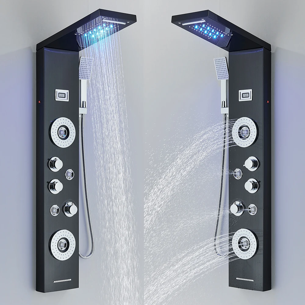 Black LED Shower Panel Waterfall Rain Shower Faucet Set SPA Massage Jet Bath Shower Column Temperature Display Mixer Tap Tower