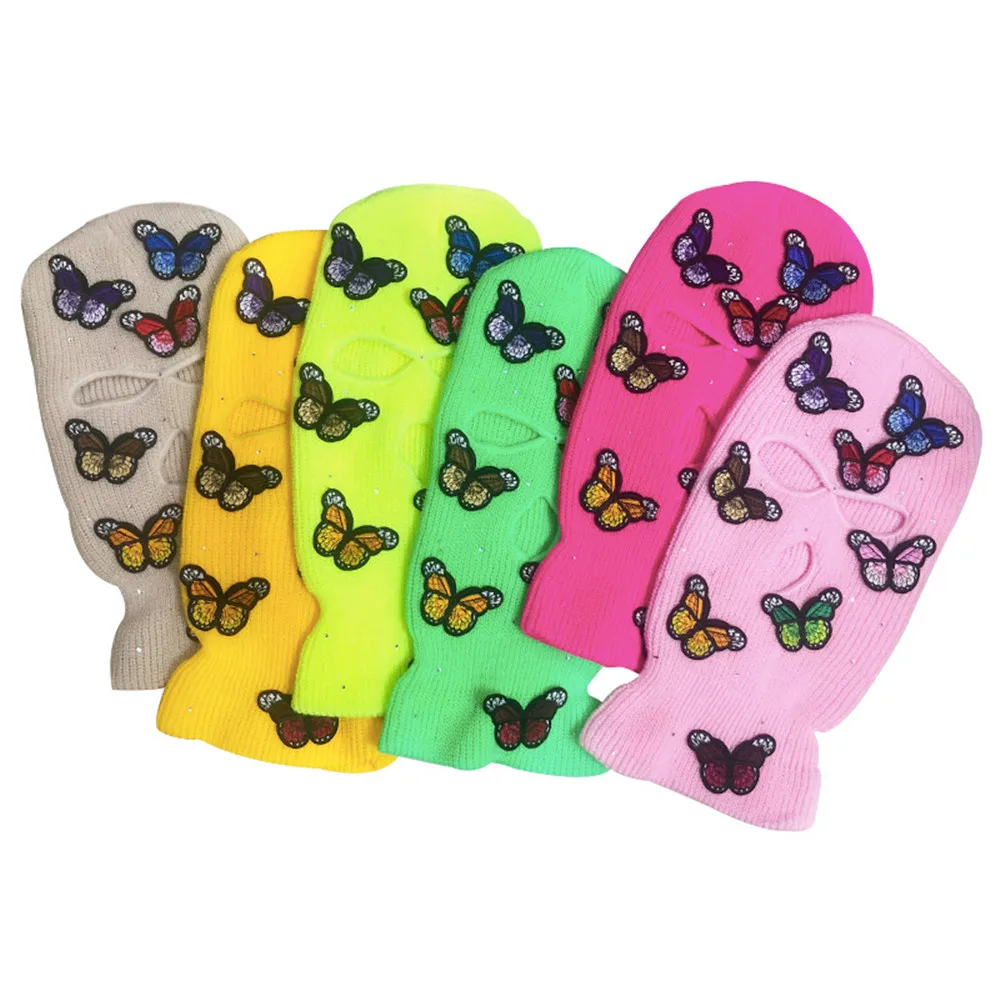 3D Butterfly Rhinestone Wool Colorful Cover Full Face Head Mask Hat 3 Holes Army CS Windproof Knit Ski Beanie Caps Accessories