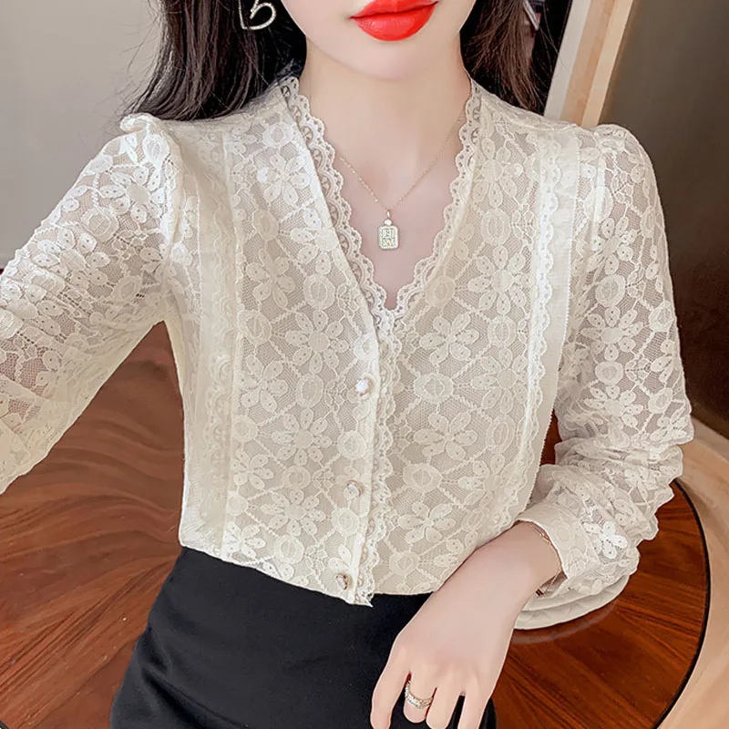 Chiffon Shirt Women Autumn Clothes Long Sleeved Lace Tops Mujer French Style Elegant V-Neck Lantern Sleeve Solid  2271