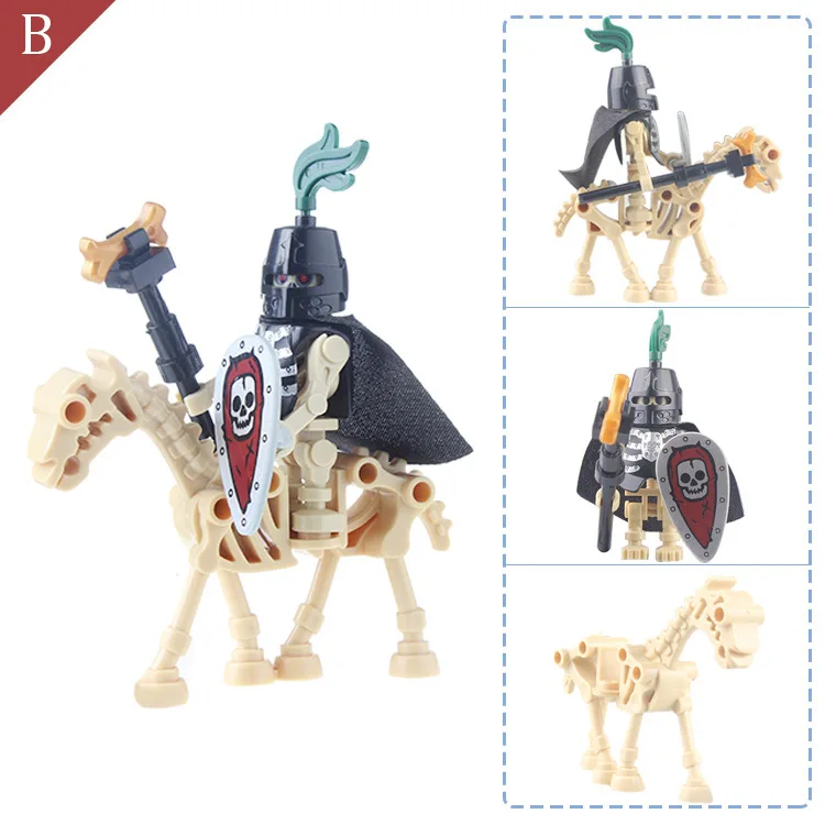 10Pcs/set Medieval Skeleton Knight Building Blocks Undead Soldier Horse Action Figure DIY Assembling Bricks Toys for Children