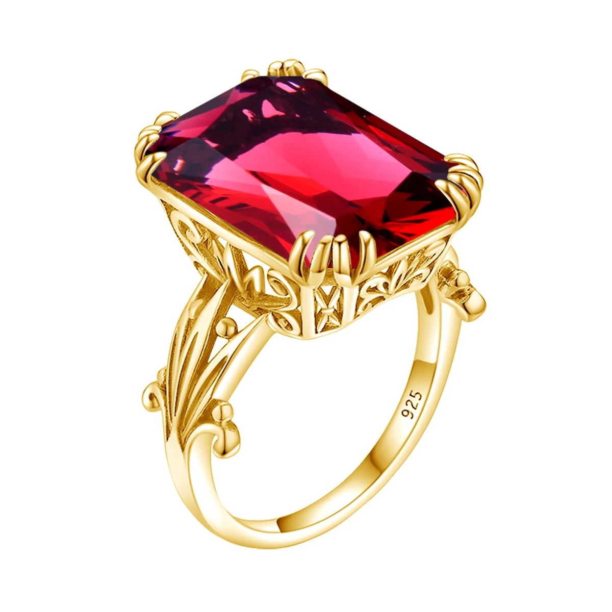 18K Goldfarbener Ring mit rotem Rubin für Damen, Retro 925 Sterling Silber Hochzeits- und Verlobungsschmuck mit Hohlmuster – Detail 2