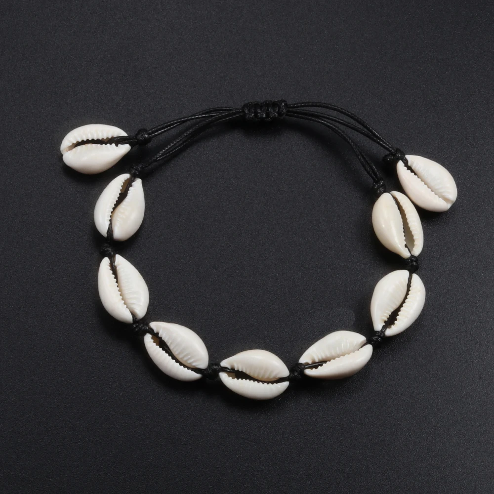 Boho Hand Knit Shell Bracelet Handmade Seashell Black Rope Chain Charm Braclet For Women Summer Ocean Beach Jewelry Pulseira