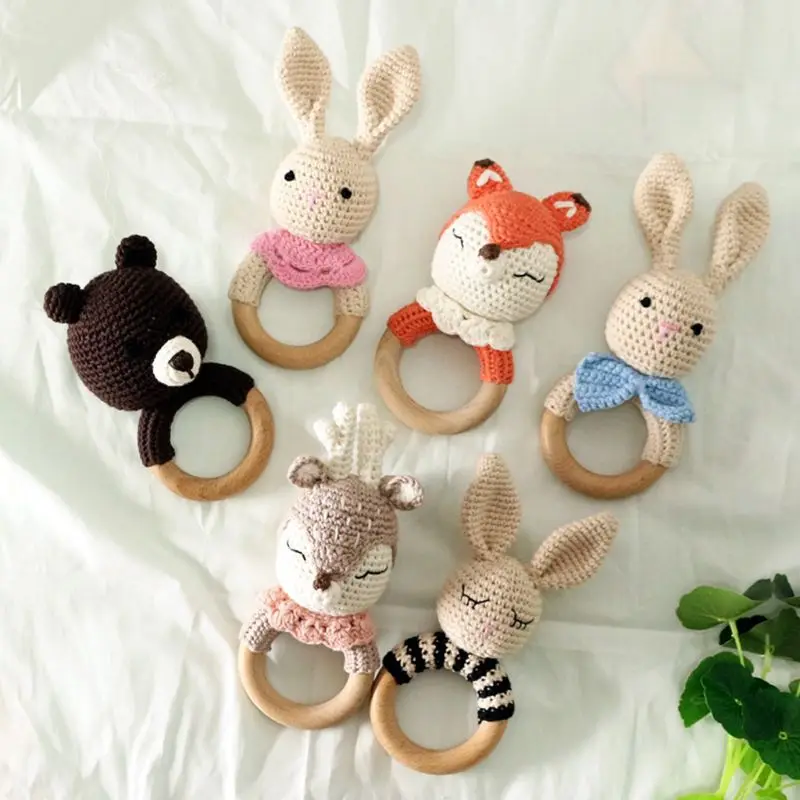 

Crochet Wooden Ring Baby Teether Animal Rattle Chewing Teething Nursing Soother Molar Infant Toy Accessories