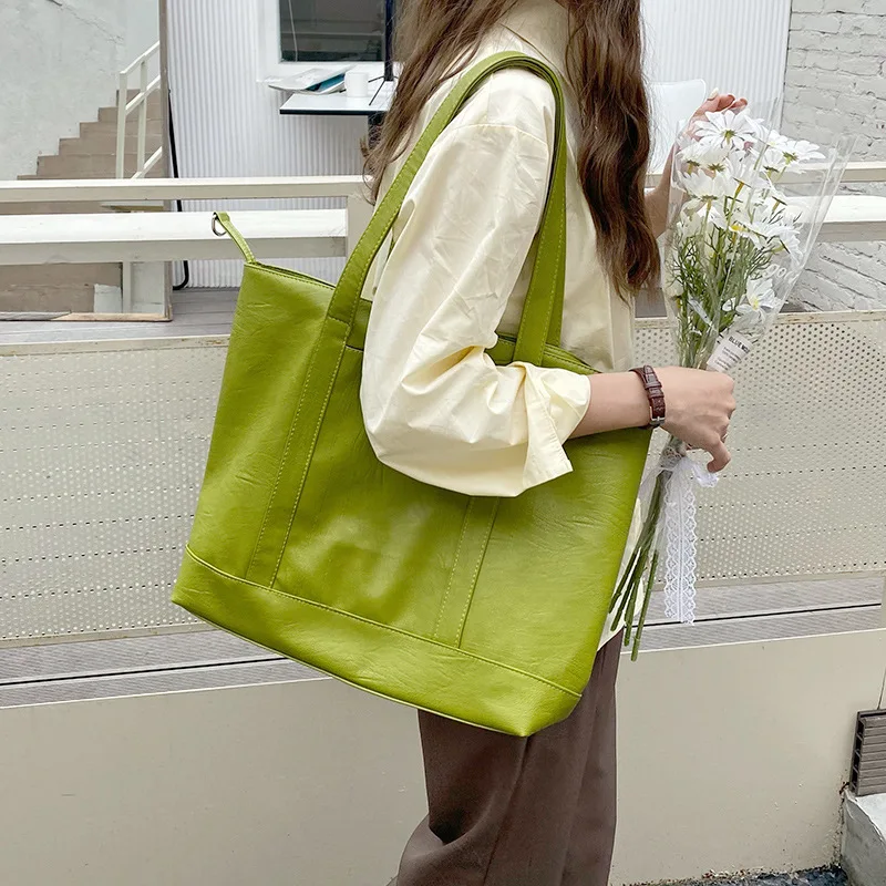 Soft PU Leather Ladies Shoulder Bag Large Capacity Women Student Book Shopping Bag Casual big Tote female Handbag green bolsas