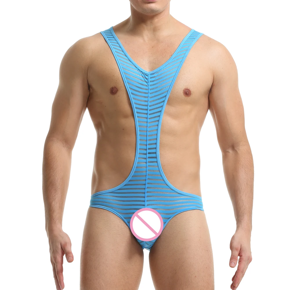 

Sexy See Through Undershirts Mens Mesh Bodysuit Thong Open Crotch Underwear Gay Stripe Sleepwear Transparent Erotic Jumpsuits XL