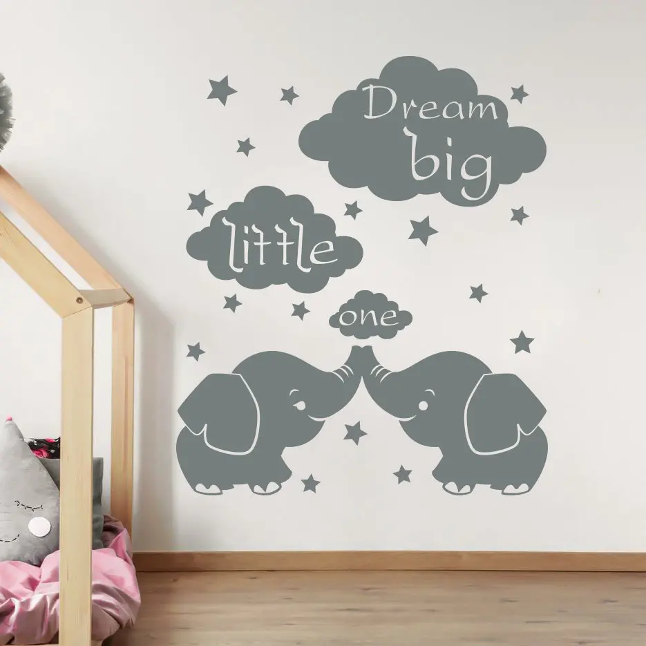 Elephant wall decals Quotes dream big little one baby room decor Wall Sticker cloud and star Vinyl Kids room decor Poster X077