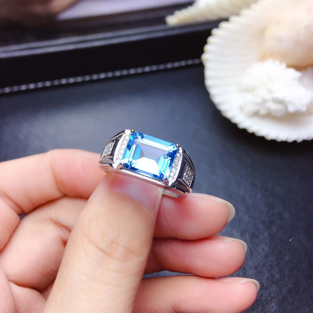 

Men ring muscular character blue topaz ring for men jewelry real 925 silver natural gem 8x10mm size birthstone party gift