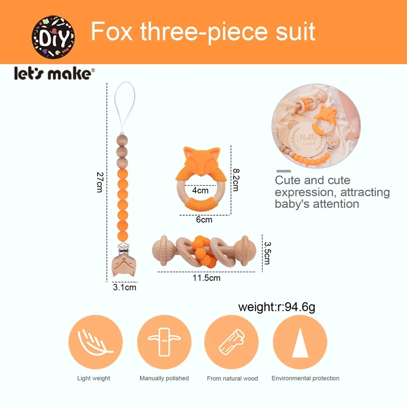 Let's Make 3pcs/set Baby's Beech Silicagel Rattle Suit Fox Teether Food Grade Free BPA Baby Toys Gift Products Kids With Box