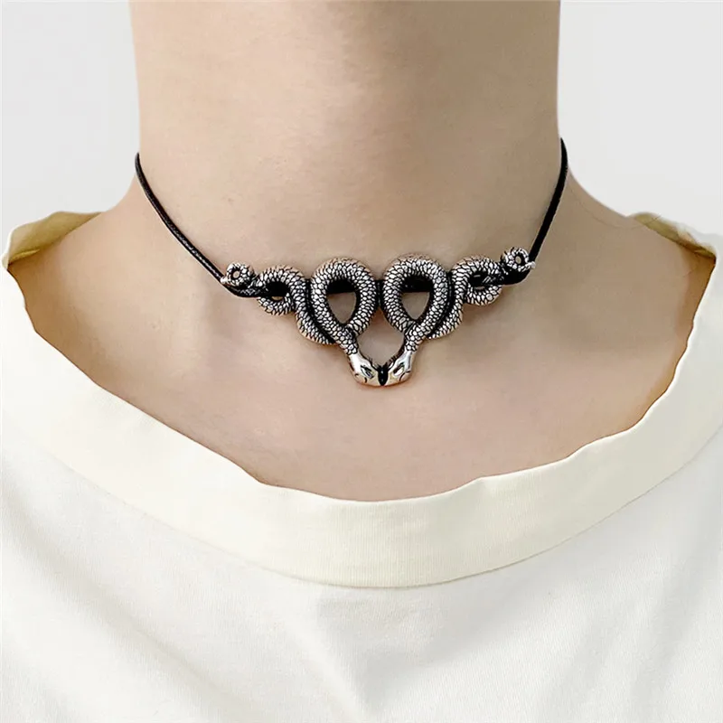 New Punk Cool Snake Choker Pendant Necklace Black Leather Cord Witchy Gothic Wicca Jewelry Collares Gift