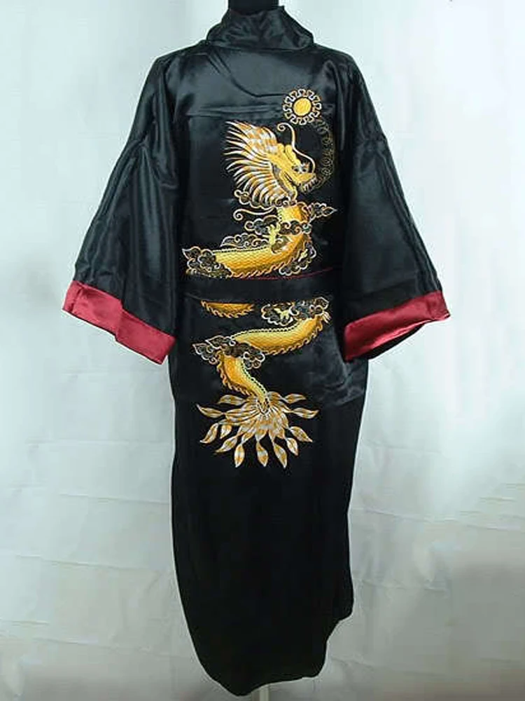 Burgundy Black Reversible Chinese Women\'s Satin Silk Two-face Robe Embroidery Kimono Bath Gown Dragon One Size S3003&