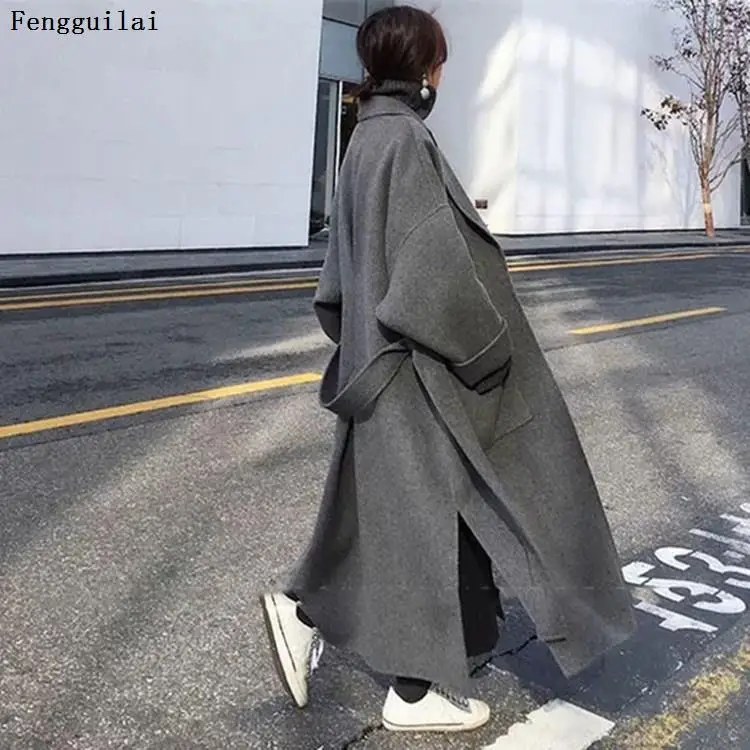 Women Elegant Long Wool Coat With Belt Solid Color Long Sleeve Chic Outerwear Ladies Overcoat Autumn Winter