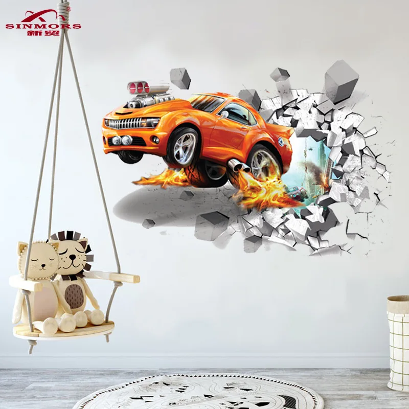 Cartoon 3D Hummers Super Off-road Vehicle Wall Stickers Broken Wall Poster Wall Art Car Decal Kids Room Decor Boys Favors