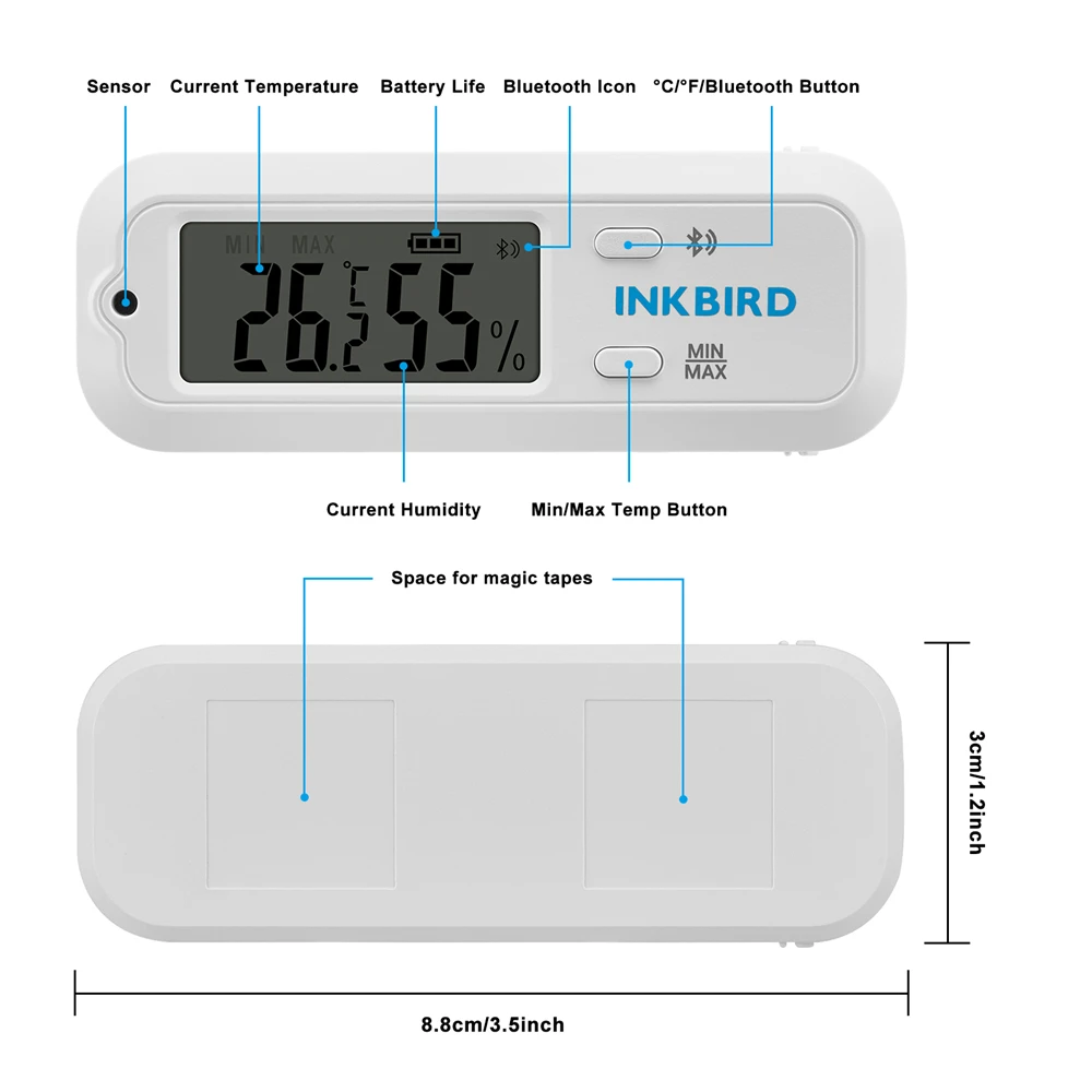 INKBIRD ITH-12s Small Smart Temperature Humidity Sensor 98ft Bluetooth-Compatible Connecting Range Thermometer Hygrometer