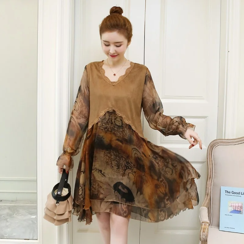 Women Vintage Loose Fit Lace Patchwork Floral Printed Dress Long Sleeve Ruffles Dresses V Neck Folk Casual Ladies Dress