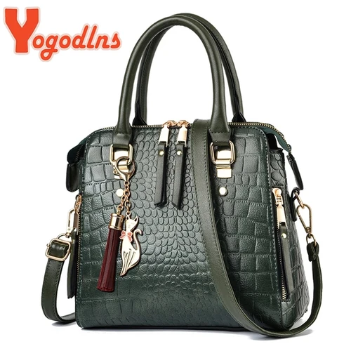 Imagen 1 del producto Yogodlns, bolso de lujo con patrón de cocodrilo para mujer, nuevo bolso de hombro con borlas de cuero PU para invierno, bolso con asa de diseño de marcas, bolso para mujer