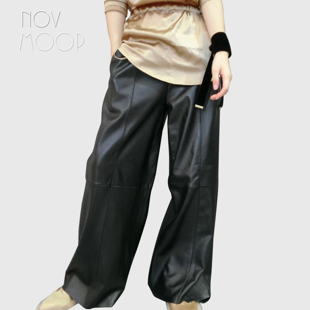 

Novmoop Italy casual style winter black loose lambskin genuine leather wide leg pants women trousers pantalones mujer LT2897