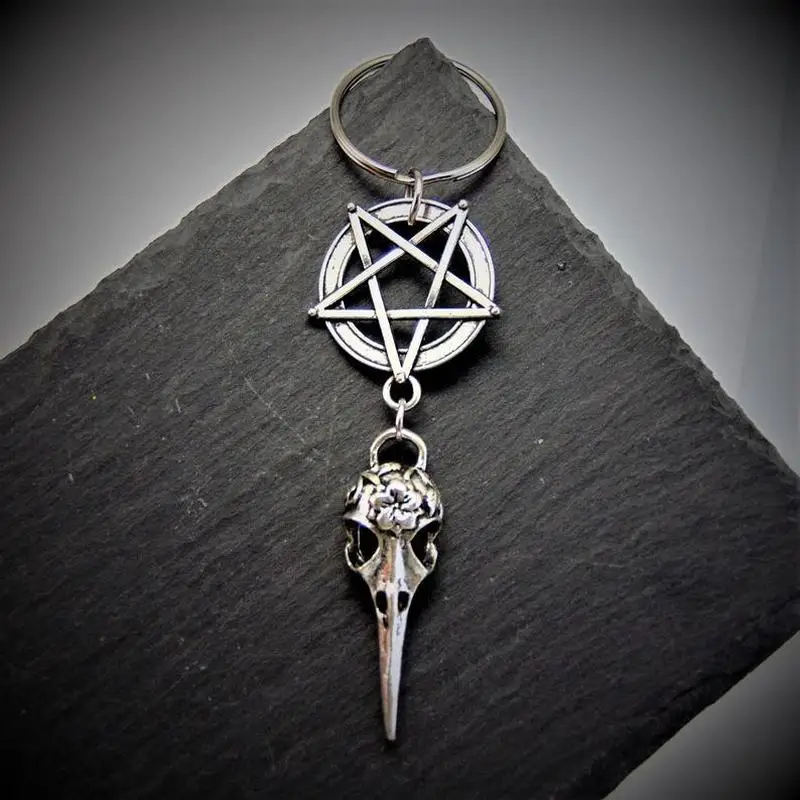 The New Bird skull Keychain, Gothic Keychain, pentagram, crow skull Keychain, Halloween gift