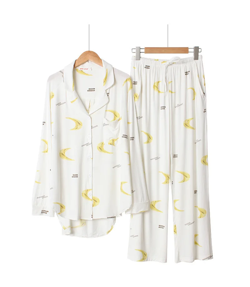 Kupokasi New Women Cotton Pajamas Set 2 Pieces Autumn Moon Cloud Printing Long-sleeved Trousers White Casual Sleepwear