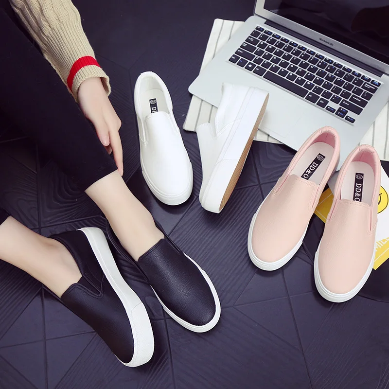 Women Leather Shoes Spring Trend Casual Female New Fashion Comfort Slip-on Platform Vulcanized Shoes