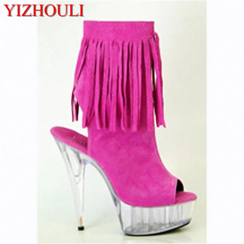 

15 cm open-toe ankle boot, suede material 6 inch spring/summer shoe fashion fringed ankle boot